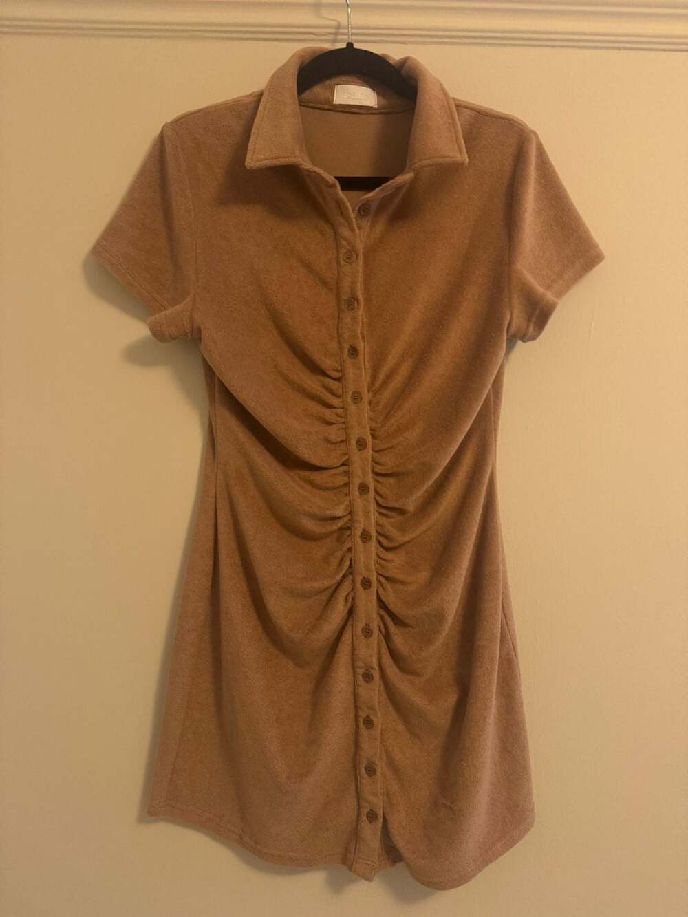 Isalis Brown Terry Cloth Ruched Button-Front Mini Shirt Dress – Size L